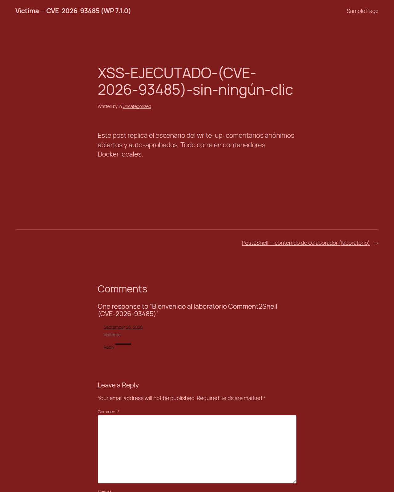 WP 7.1.0 con el XSS ejecutado